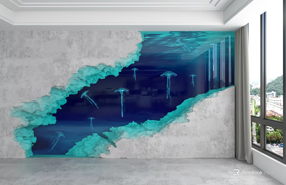 Creative Gray Background Wall With Cracked Effect Revealing Blue Underwater Scene And Jellyfish 3d model 