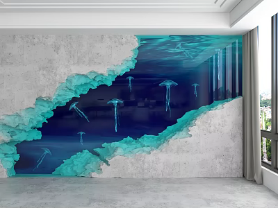 Creative Gray Background Wall With Cracked Effect Revealing Blue Underwater Scene And Jellyfish 3d model