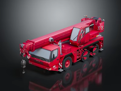 Detailed Red Toy Crane Model Featuring Extended Boom And Wheel Design 3d model