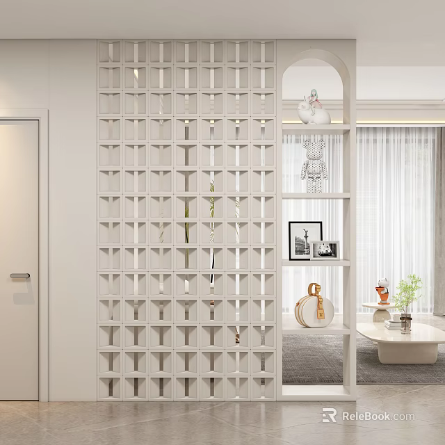 Modern Elegant Entryway With White Grid Screen Green Plants And Arched Doorway 3d model 