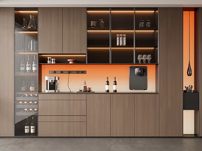 Elegant Modern Wine Cabinet With Glass Doors Wooden Finish And Ambient Lighting 3d model