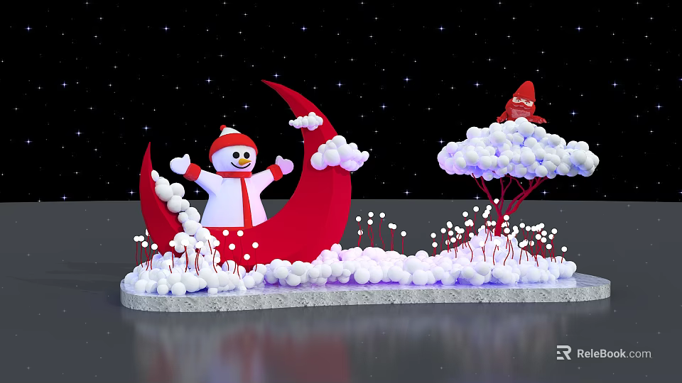 Festive Christmas Decoration With Snowman On Crescent Moon And Cloud Tree 3d model