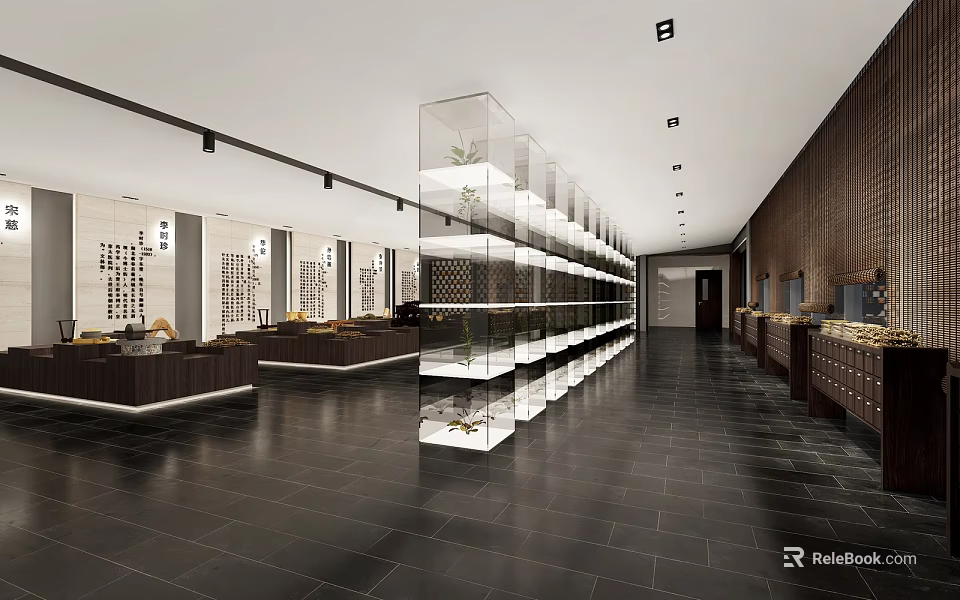 Modern Showroom Interior With Glass Display Shelves Dark Floor Tiles And Wooden Decor 3d model 