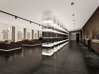 Modern Showroom Interior With Glass Display Shelves Dark Floor Tiles And Wooden Decor 3d model