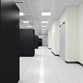 Industrial Server Room Featuring Rows Of Black Server Cabinets White Ceiling Lights And Spacious Aisle