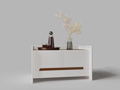 Modern White Nightstand With Wooden Drawer Decorative Vase Dried Flowers And Ornaments 3d model