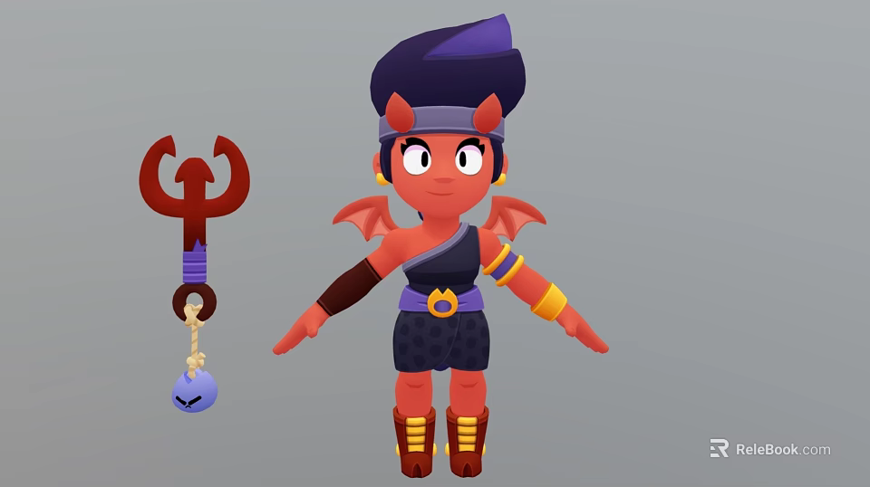 Man With Red Skin Horns Purple Hair Wings And Trident Weapon In Dark Outfit 3d model 