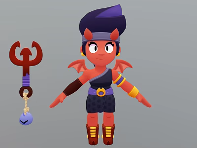 Man With Red Skin Horns Purple Hair Wings And Trident Weapon In Dark Outfit 3d model
