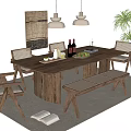 Rustic Wooden Dining Table Set With Rattan Chairs Bench Pendant Lights And Fruits On Table