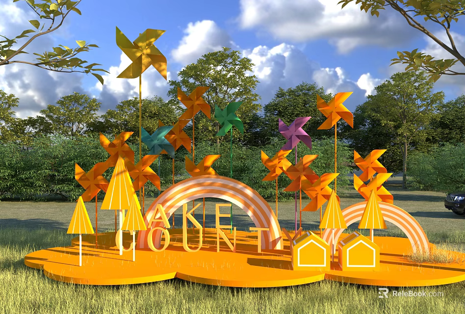 Colorful Outdoor Photo Spot With Windmills Rainbow Arch Yellow Mountain Letters Small Houses And Green Grassland 3d model 
