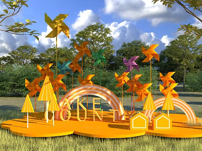 Colorful Outdoor Photo Spot With Windmills Rainbow Arch Yellow Mountain Letters Small Houses And Green Grassland 3d model