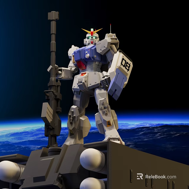 White Gundam Model with Antenna Weapon and 08 Shield in Space Earth Background 3d model 