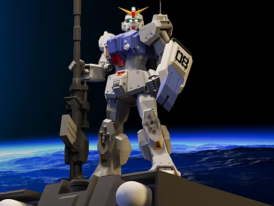 White Gundam Model with Antenna Weapon and 08 Shield in Space Earth Background 3d model