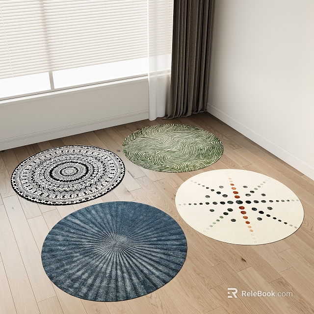 Four Stylish Round Rugs With Unique Patterns In Living Room 3d model 