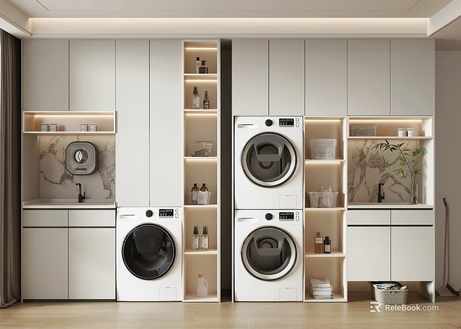 White Bathroom Cabinet Rack With Washing Machine Dryer And Open Shelves For Toiletries 3d model 
