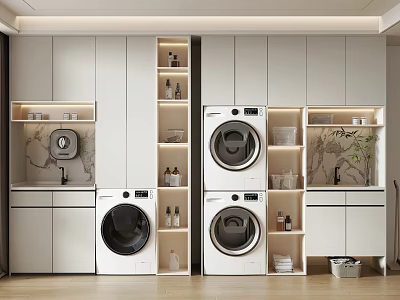 White Bathroom Cabinet Rack With Washing Machine Dryer And Open Shelves For Toiletries 3d model