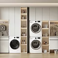 White Bathroom Cabinet Rack With Washing Machine Dryer And Open Shelves For Toiletries