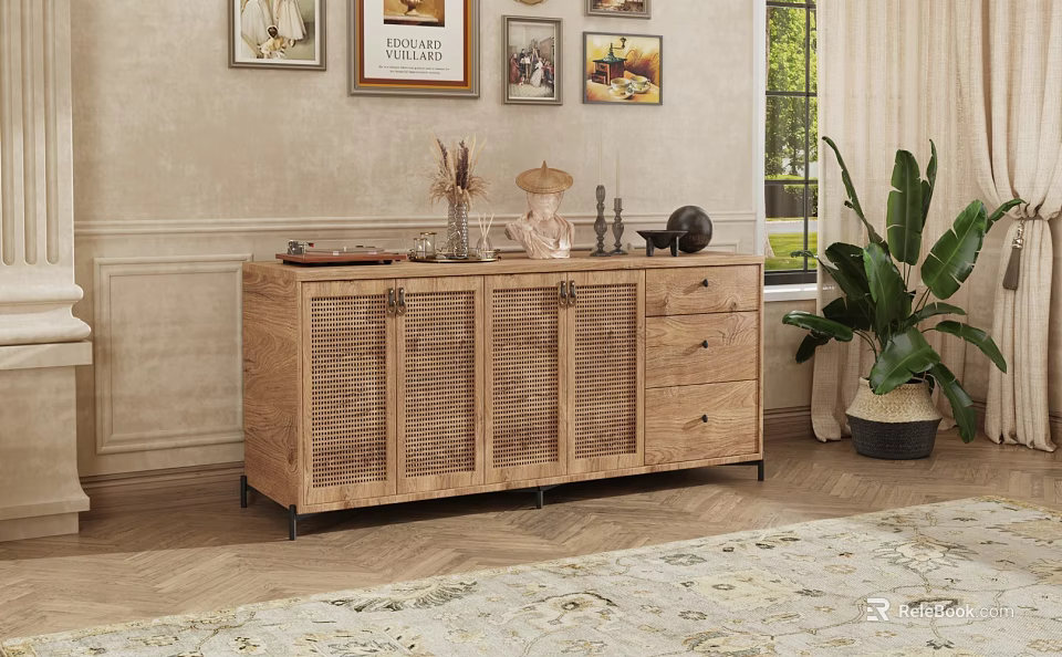 Wooden Sideboard with Louvered Doors Decorative Accents Wall Art and Potted Plant 3d model 