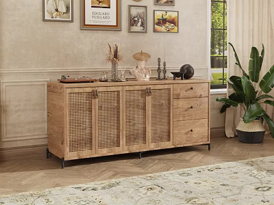 Wooden Sideboard with Louvered Doors Decorative Accents Wall Art and Potted Plant 3d model