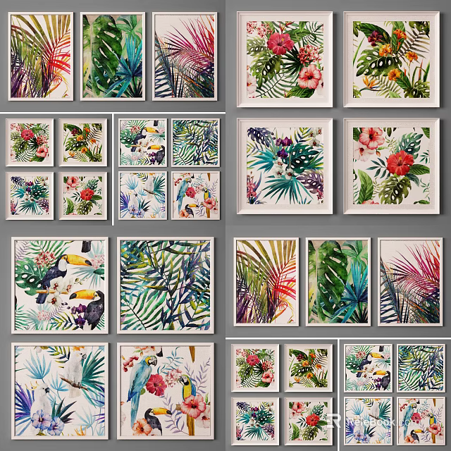 Diverse Plant Paintings With Lush Tropical Leaves And Vibrant Floral Designs 3d model 