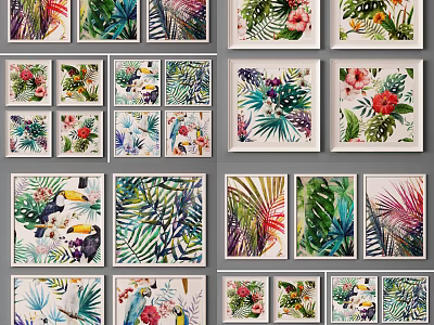 Diverse Plant Paintings With Lush Tropical Leaves And Vibrant Floral Designs 3d model