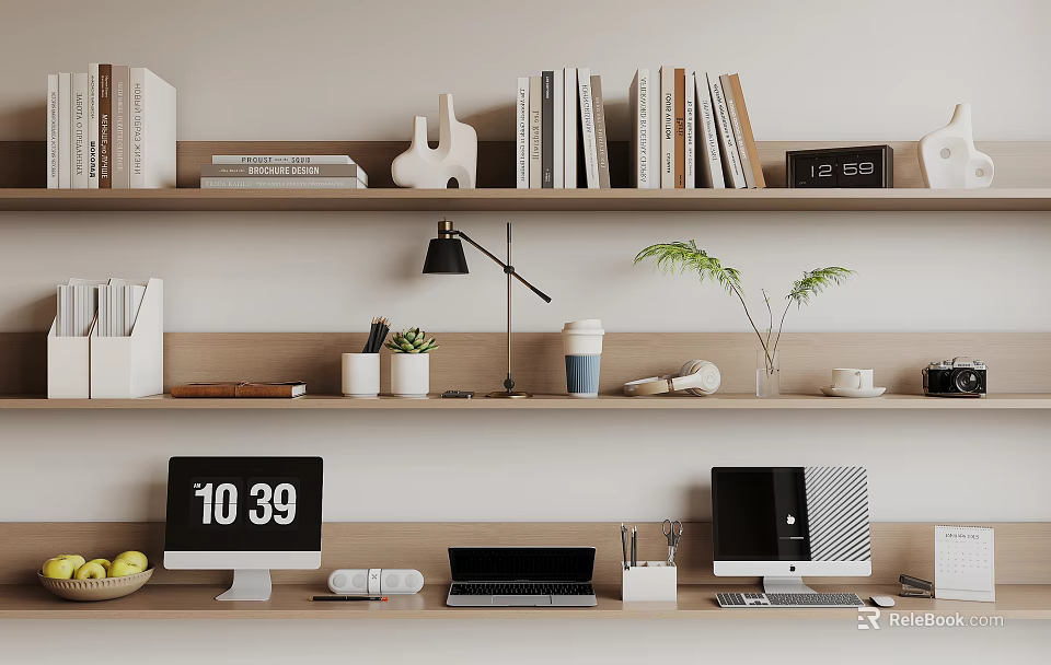 Organized Home Office Workspace With Bookshelves Computers Desk Lamp And Potted Plant 3d model 