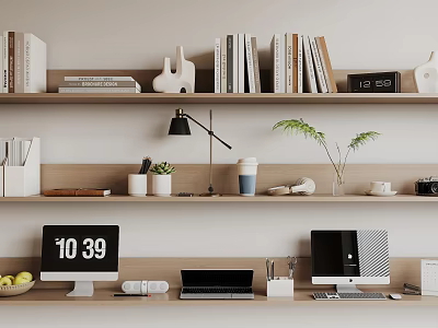 Organized Home Office Workspace With Bookshelves Computers Desk Lamp And Potted Plant 3d model