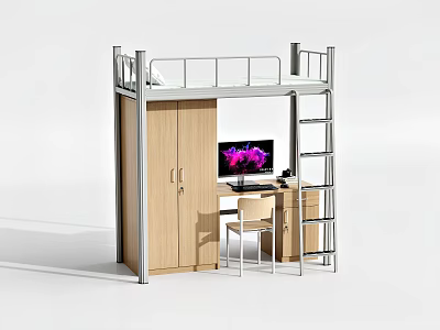 Bunk Bed With Built In Desk Cabinet Chair And Computer Monitor 3d model