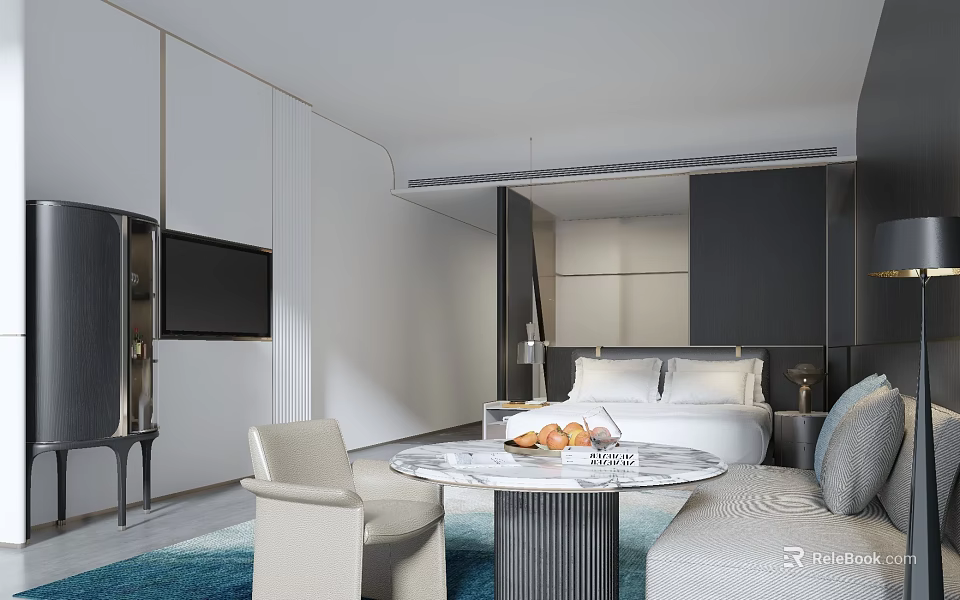 Modern Minimalist Hotel Guest Room With Marble Round Coffee Table Comfortable Seating And Cozy Bed 3d model 