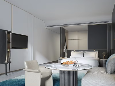 Modern Minimalist Hotel Guest Room With Marble Round Coffee Table Comfortable Seating And Cozy Bed 3d model