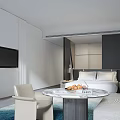 Modern Minimalist Hotel Guest Room With Marble Round Coffee Table Comfortable Seating And Cozy Bed