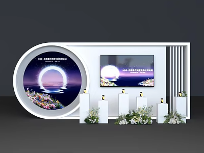 Photo Check In Spot With Circular Design Moon Element Screen Display White Pillars Flower Arrangements 3d model