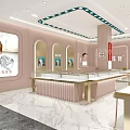 Elegant Jewelry Store Interior Design With Pink Walls Arch Doors And Glass Showcases