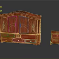Traditional Red Wooden Cabinet With Golden Accents And Small Side Table