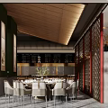 Elegant Restaurant Interior With Neat Tables Chairs Green Plants And Ceiling Lighting