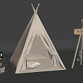Beige Tipi Tent with Soft Cushion Inside and Small Wooden Shelf Decorative Signpost
