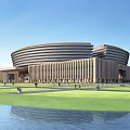 Modern Brown Circular Museum Building With Striped Exterior Lawn Waterfront And People