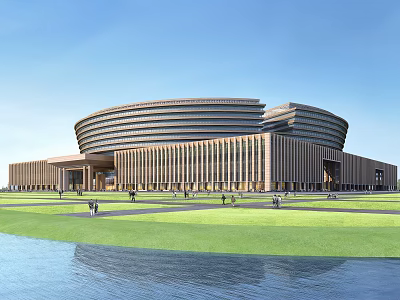 Modern Brown Circular Museum Building With Striped Exterior Lawn Waterfront And People 3d model