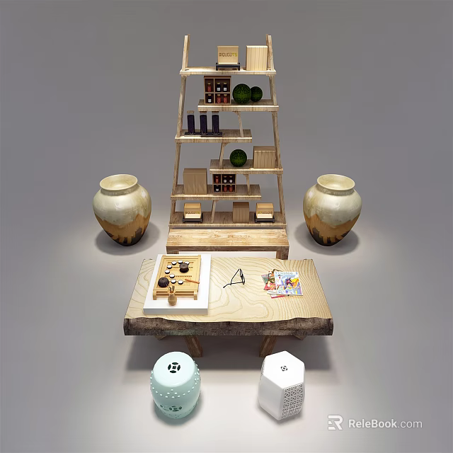 Natural Wooden Table And Stools With Multi Layered Shelf Books Green Plants And Vases 3d model 
