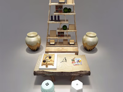 Natural Wooden Table And Stools With Multi Layered Shelf Books Green Plants And Vases 3d model