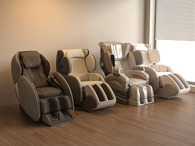 Modern Massage Chairs In Various Styles Displayed With Wooden Floor And Light Wall Interior 3d model