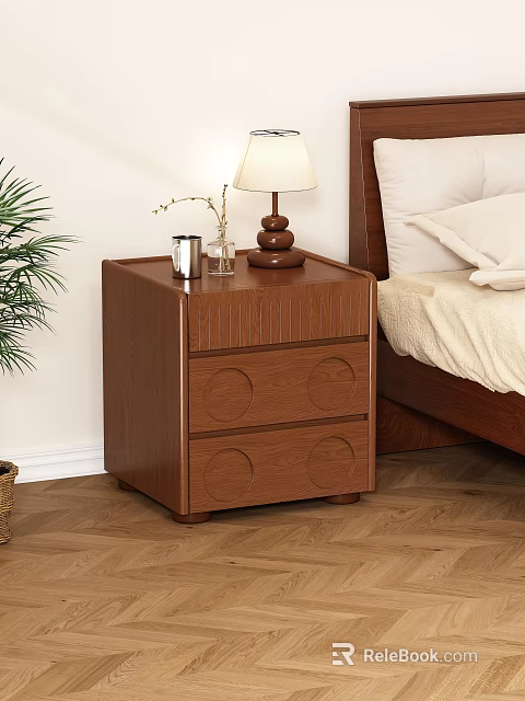 Wooden Bedside Table Featuring Two Drawers Circular Patterns Table Lamp Vase And Cup By Bed 3d model 