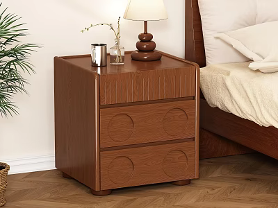 Wooden Bedside Table Featuring Two Drawers Circular Patterns Table Lamp Vase And Cup By Bed 3d model