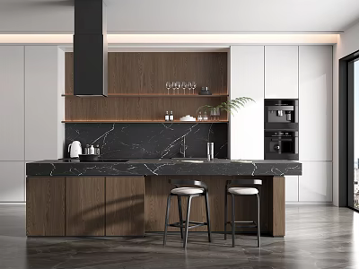 Modern Kitchen Interior Design With Wooden White Cabinets Island Counter Bar Stools And Appliances 3d model