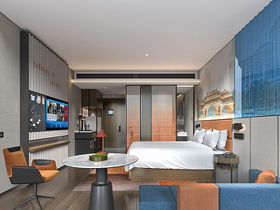 Modern Hotel Room Interior Design With Comfortable Bed Sofa TV And Decorative Wall Curtains 3d model