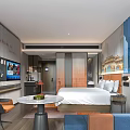 Modern Hotel Room Interior Design With Comfortable Bed Sofa TV And Decorative Wall Curtains