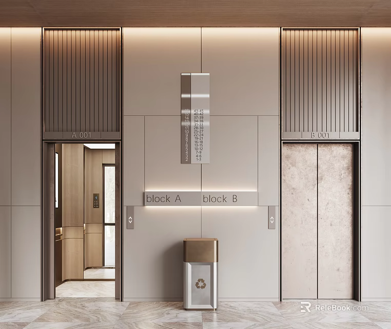 Modern Elevator Lobby With Block A B Signs And Trash Bin Design 3d model 