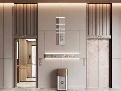 Modern Elevator Lobby With Block A B Signs And Trash Bin Design 3d model