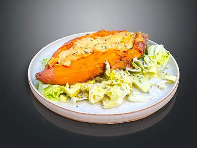Roasted Sweet Potato Topped With Cheese And Sesame Seeds Served With Fresh Lettuce Salad 3d model