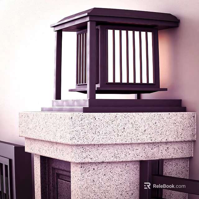Outdoor Lantern With Wooden Lattice Structure On Stone Pedestal For Garden Entrance Decoration 3d model 